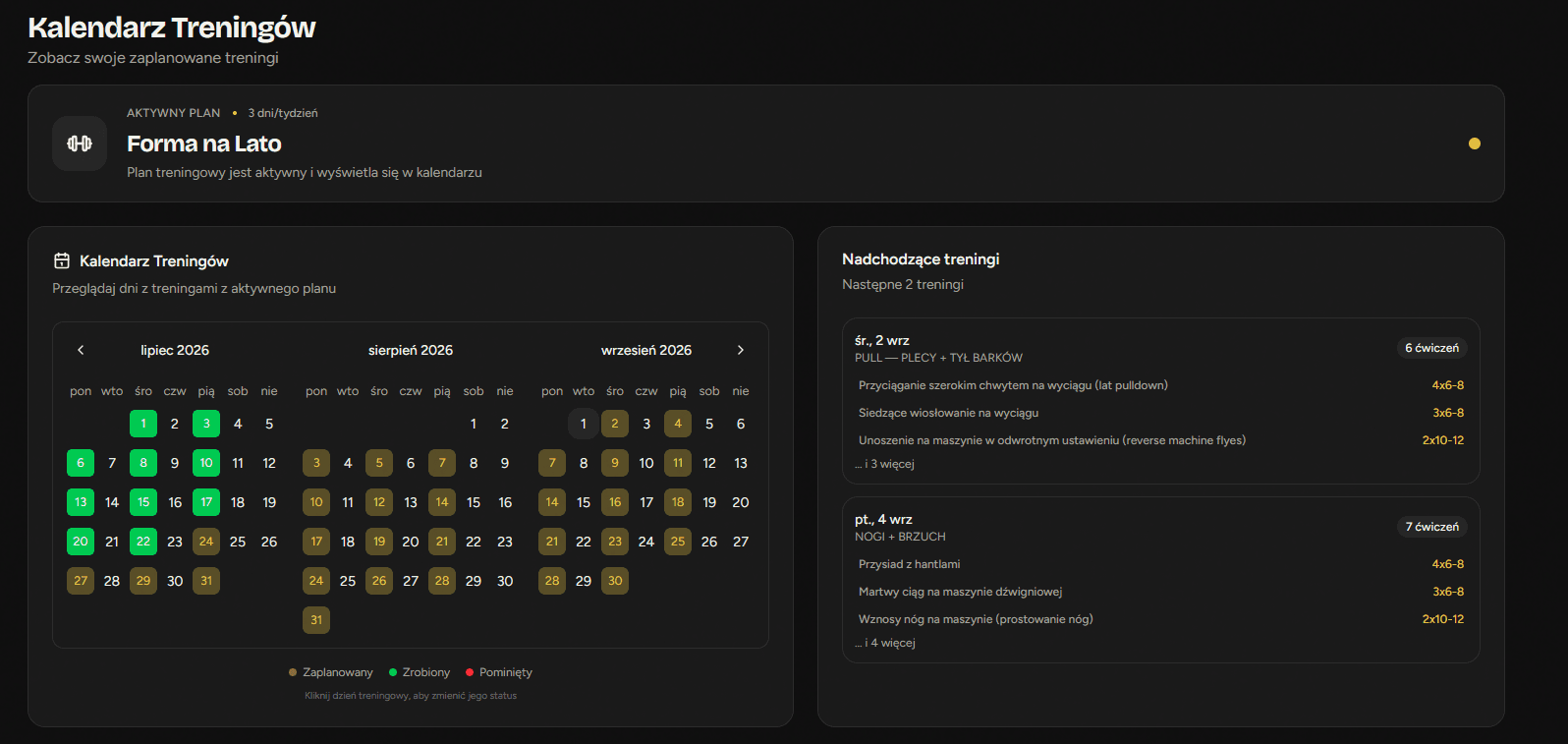 GymWays training calendar, Polish interface